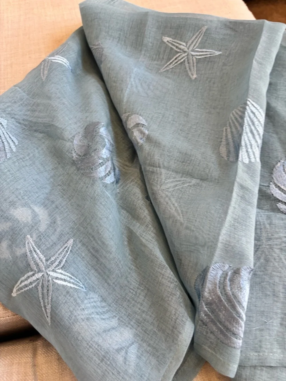 Boho Coastal Sheer Seashell Starfish Table Runner Blue Gauze 110” Embroidered